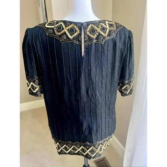 Vintage Night Vogue silk gold beaded evening cocktail top size XL - Picture 4 of 6